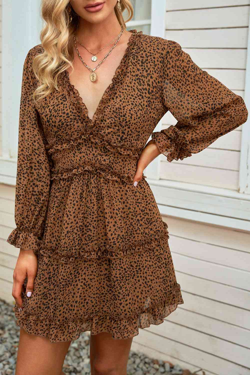 Floral Frill Trim Plunge Flounce Sleeve Dress