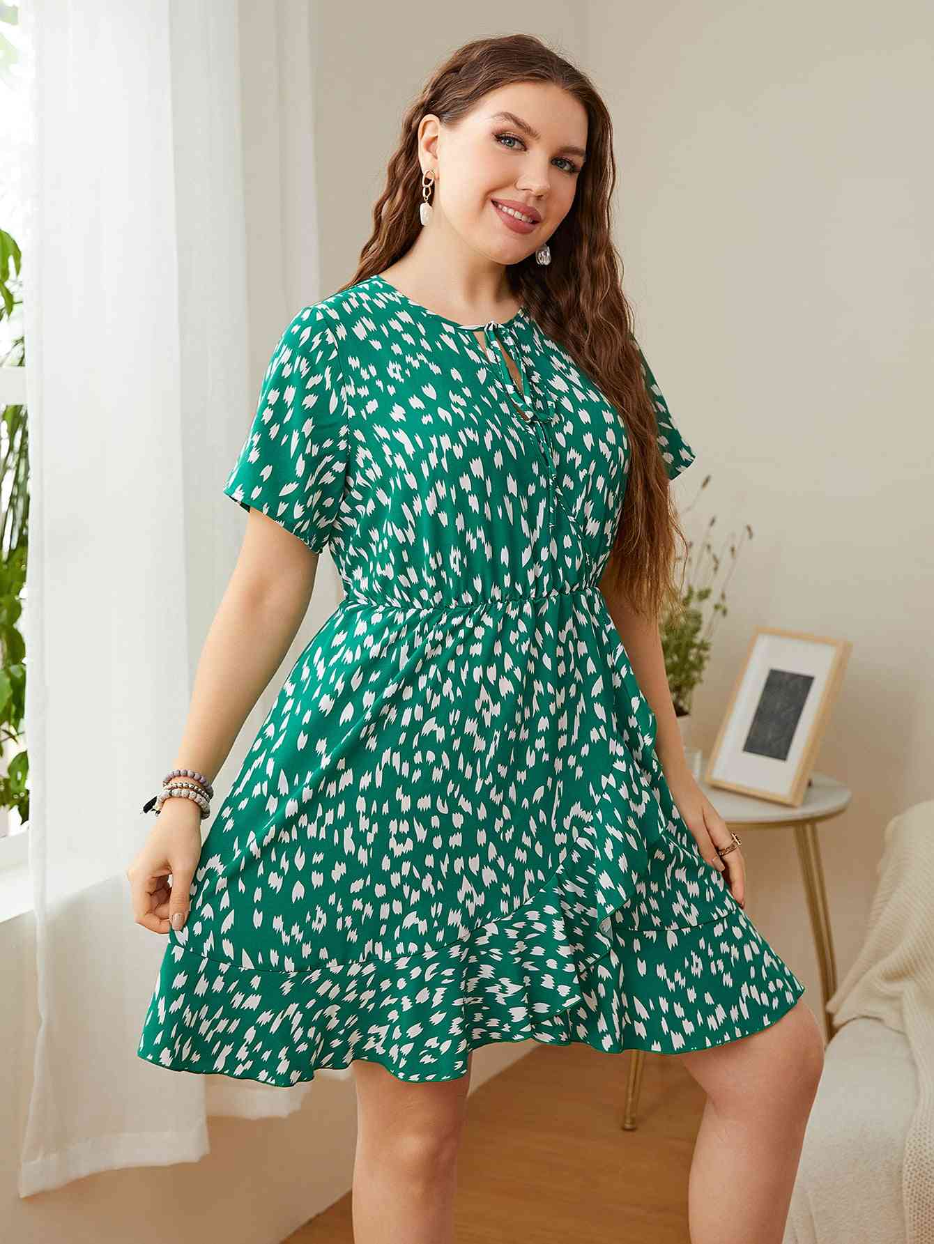 Plus Size Printed Tie Neck Ruffled Dress